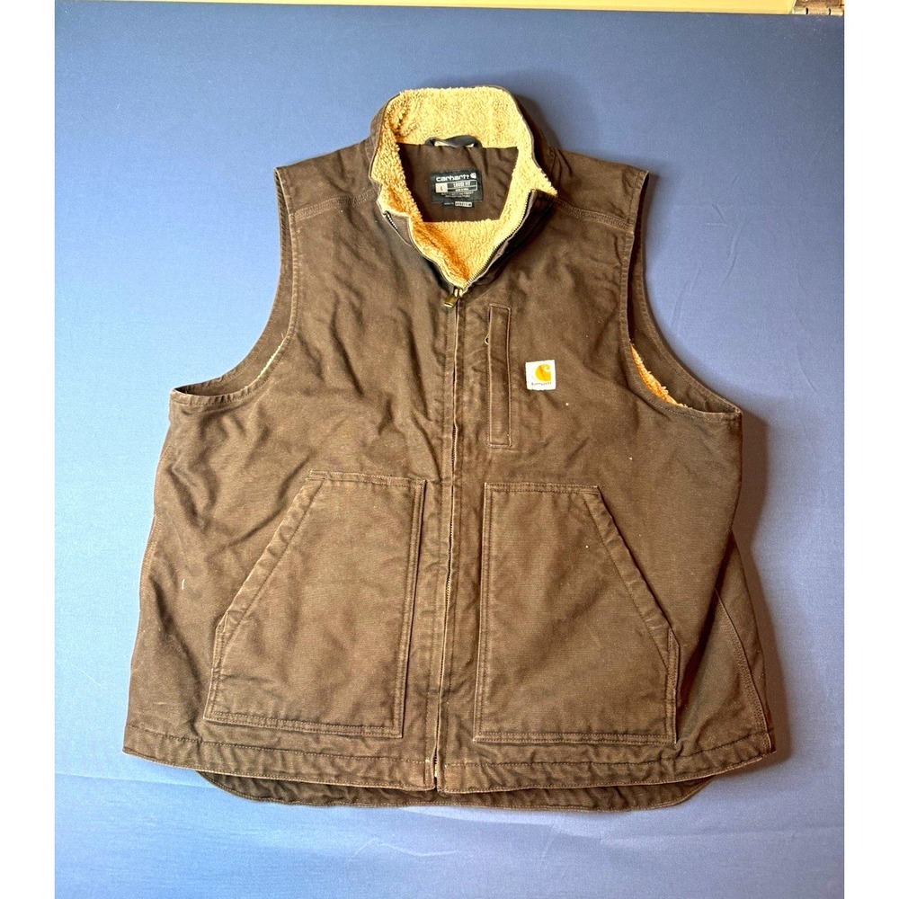 Carhartt Brown Sherpa Lined Full Zip Vest Mens L Regular Loose Fit Stand-Up